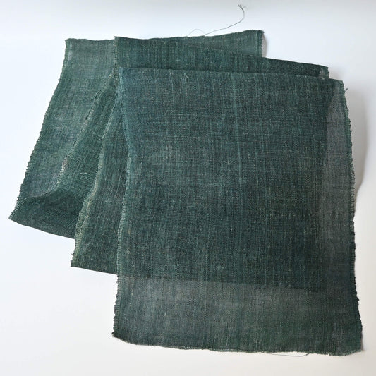 Full view of antique indigo green mosquito net kaya hemp panel.