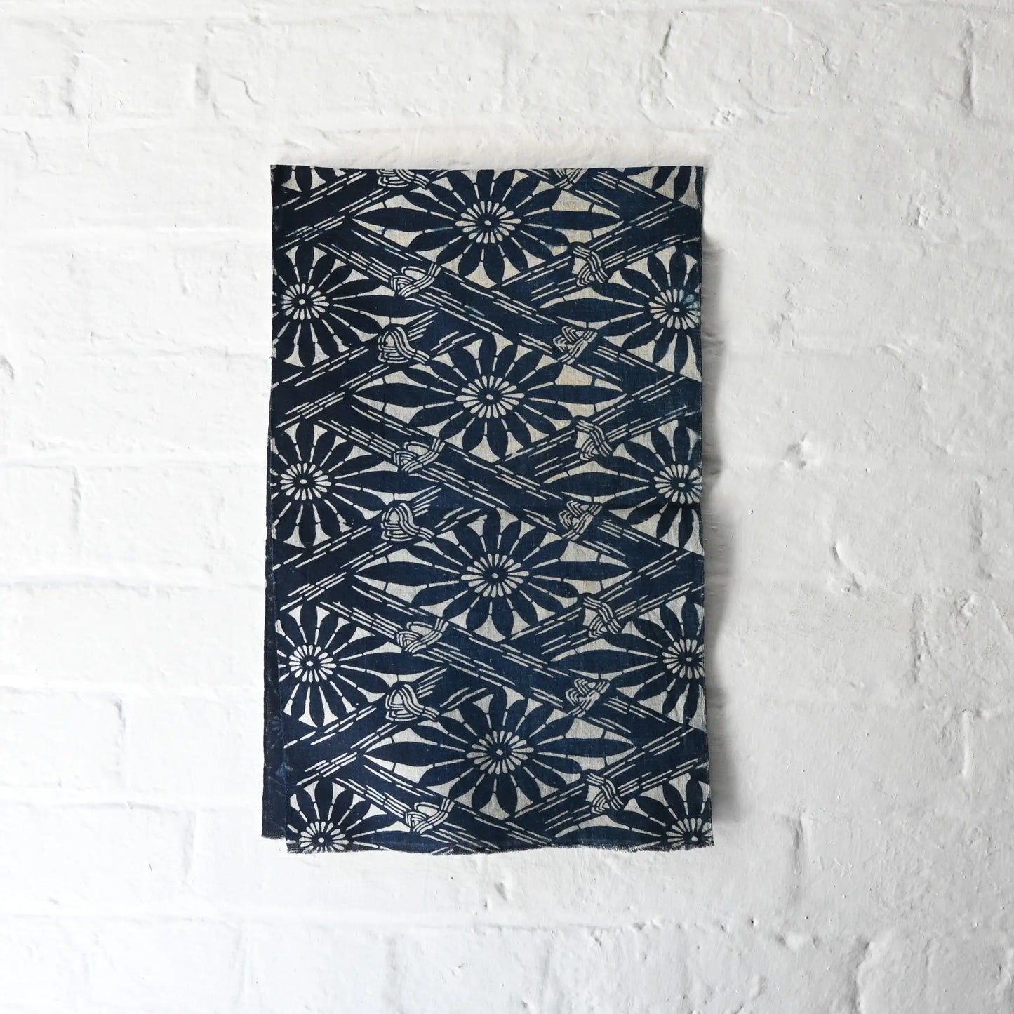 Full view of antique indigo katazome dyed cotton with chrysanthemum and bamboo motifs from early 20th century.