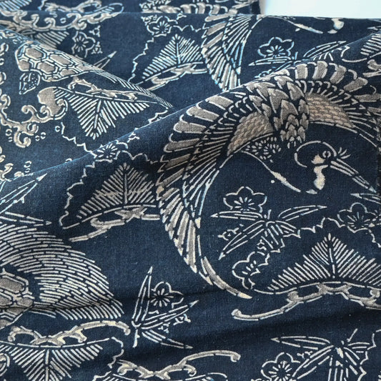 Detailed view of antique indigo Katazome dyed cotton with crane and tortoise form the early 20th century.
