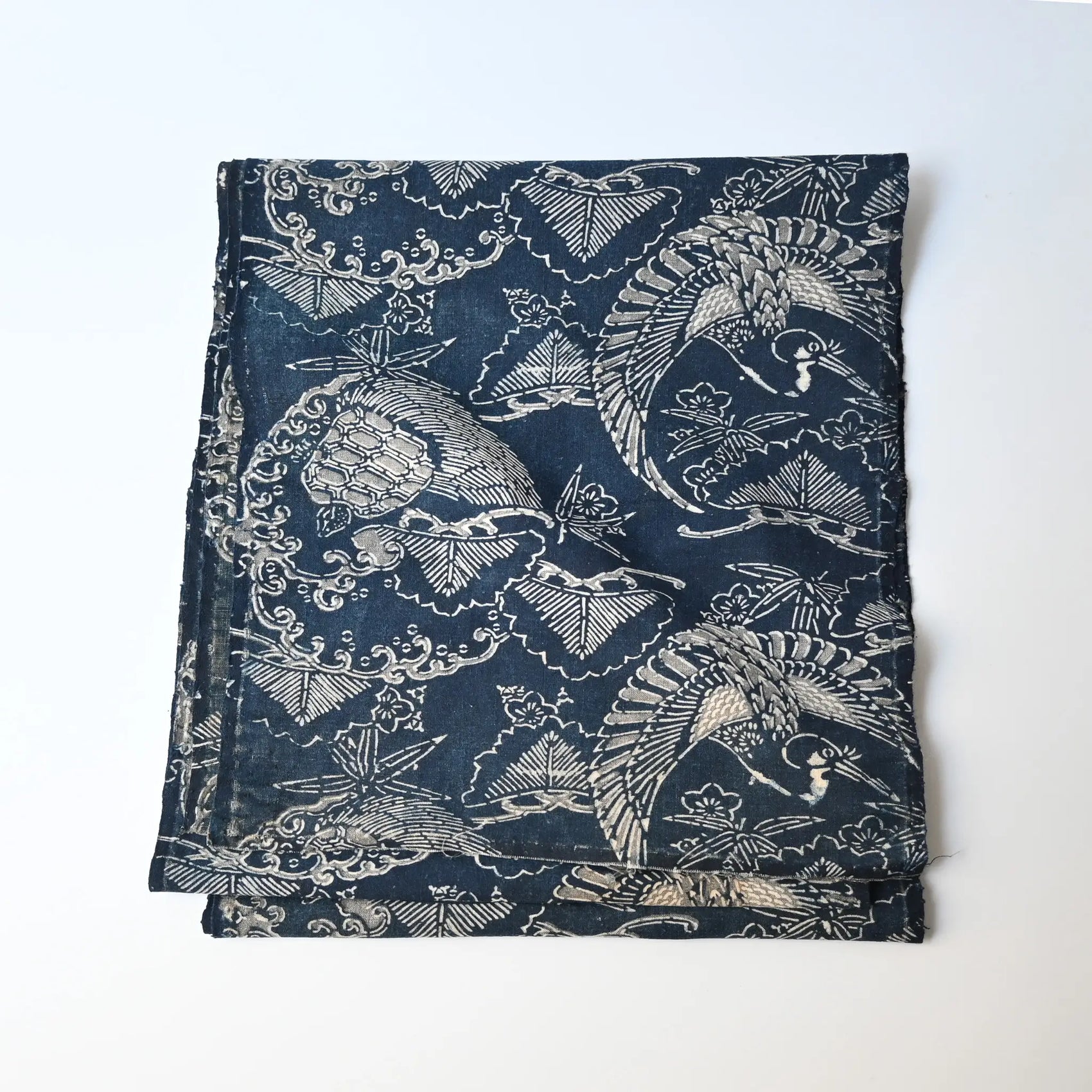 Antique indigo Katazome dyed cotton with crane and tortoise form the early 20th century.