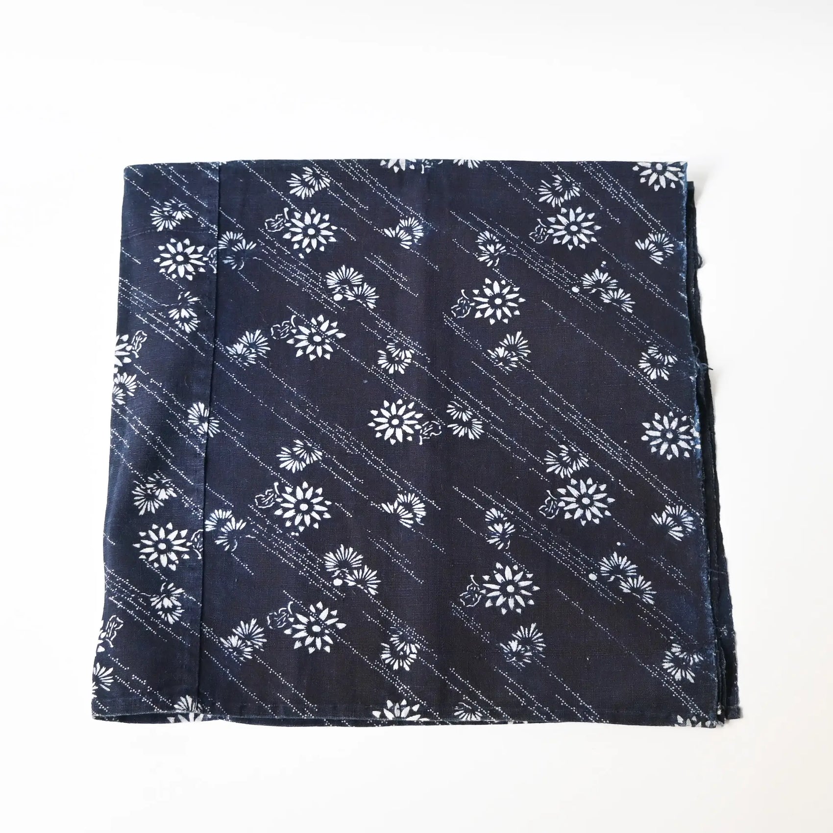 Antique Japanese indigo katazome dyed cotton furoshiki, intricate dots and floral motifs.
