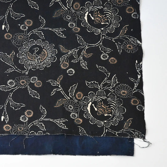Close-up view of antique indigo katazome cotton with crane, tortoise and chrysanthemum motif from early 20th century.