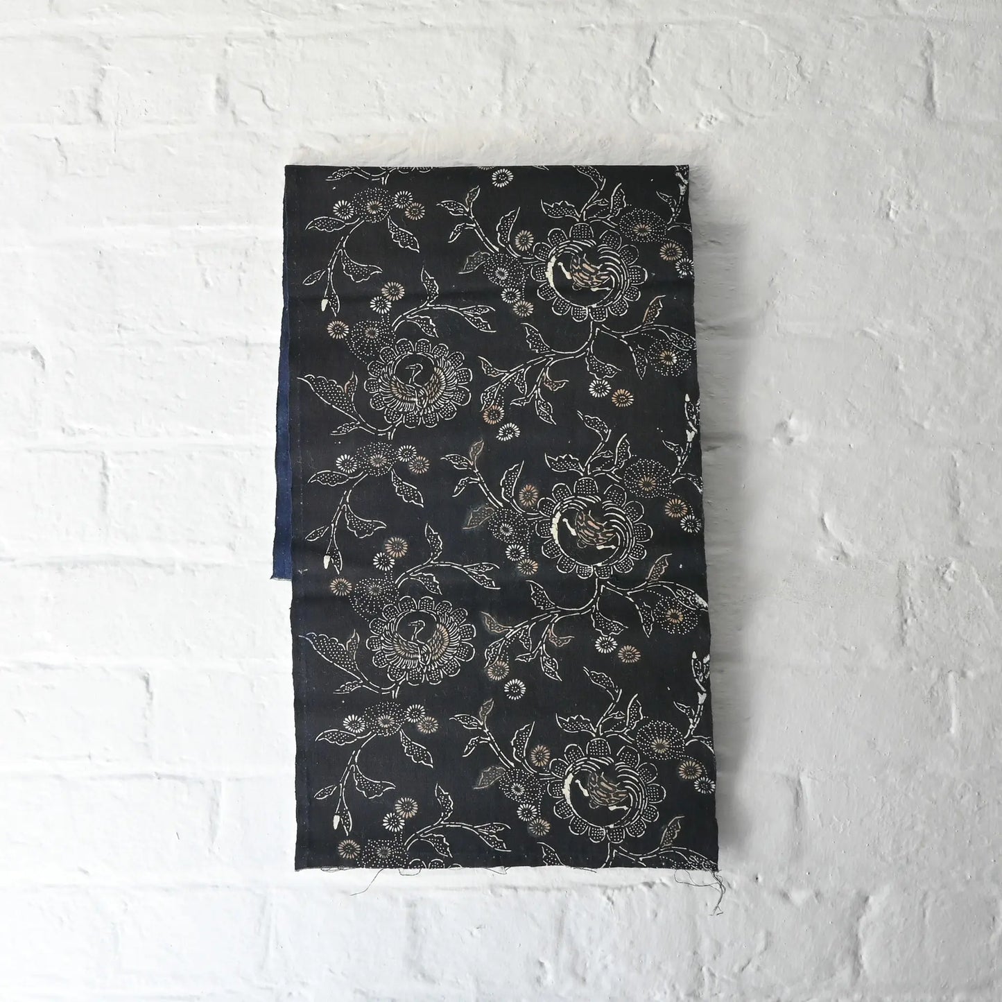 Full view of antique indigo katazome cotton with crane, tortoise and chrysanthemum motif from early 20th century.