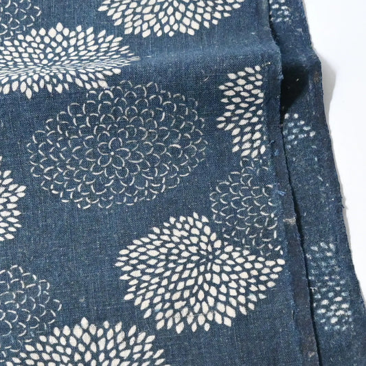 Antique indigo katazome dyed cotton with chrysanthemum motif.