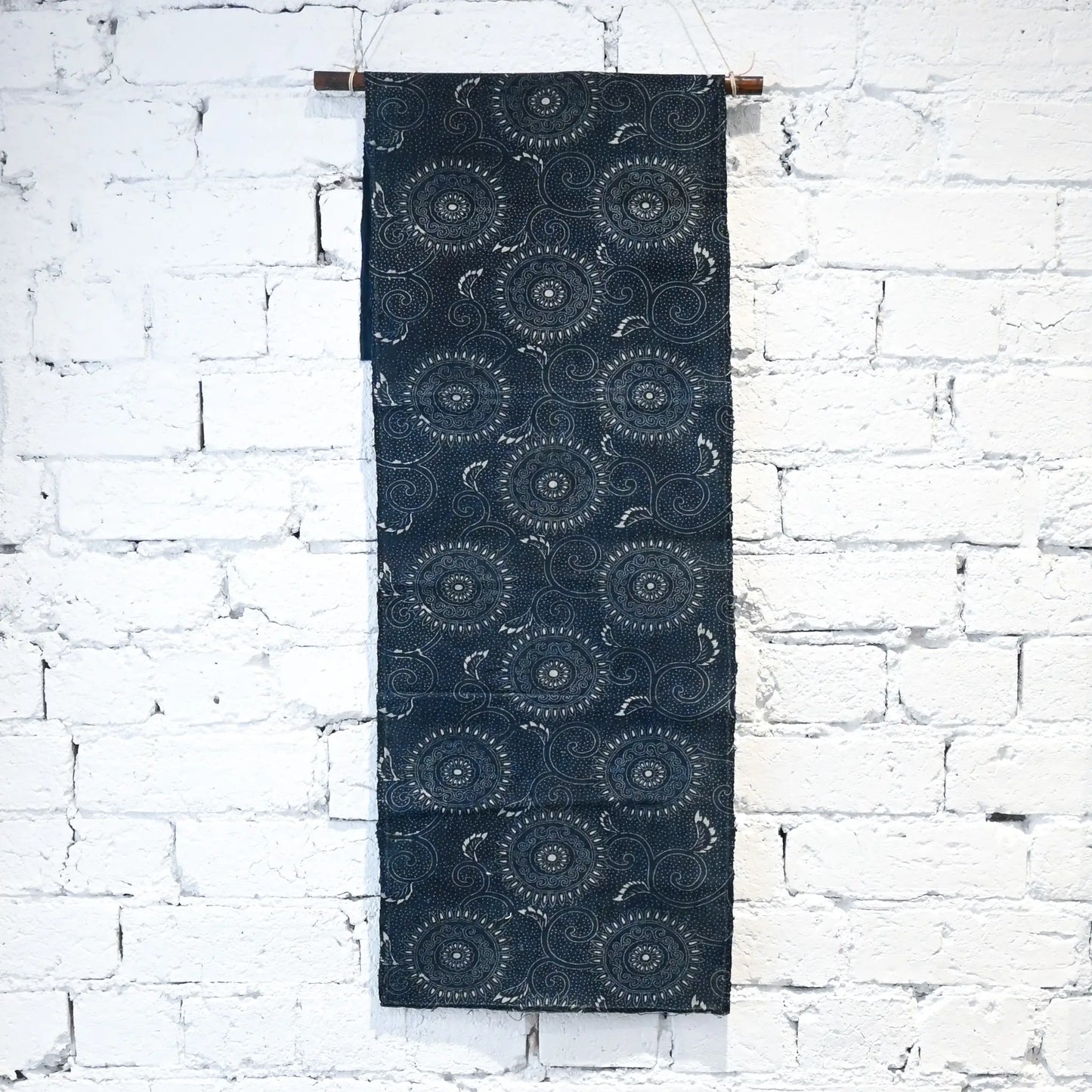 Full view of antique Japanese indigo Katazome dyed cotton with chrysanthemum arabesque motif from the early 20th century.