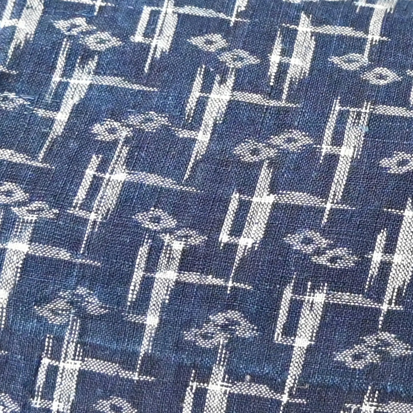 Detailed view of antique indigo hemp Omi Jofu with small kasuri pattern from the early 20th century.