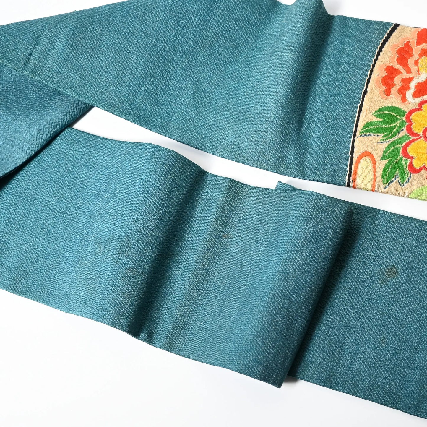 Stained part of antique Japanese women's teal blue Nagoya obi with gorgeous fan and Kaioke motif from 1930-40s.