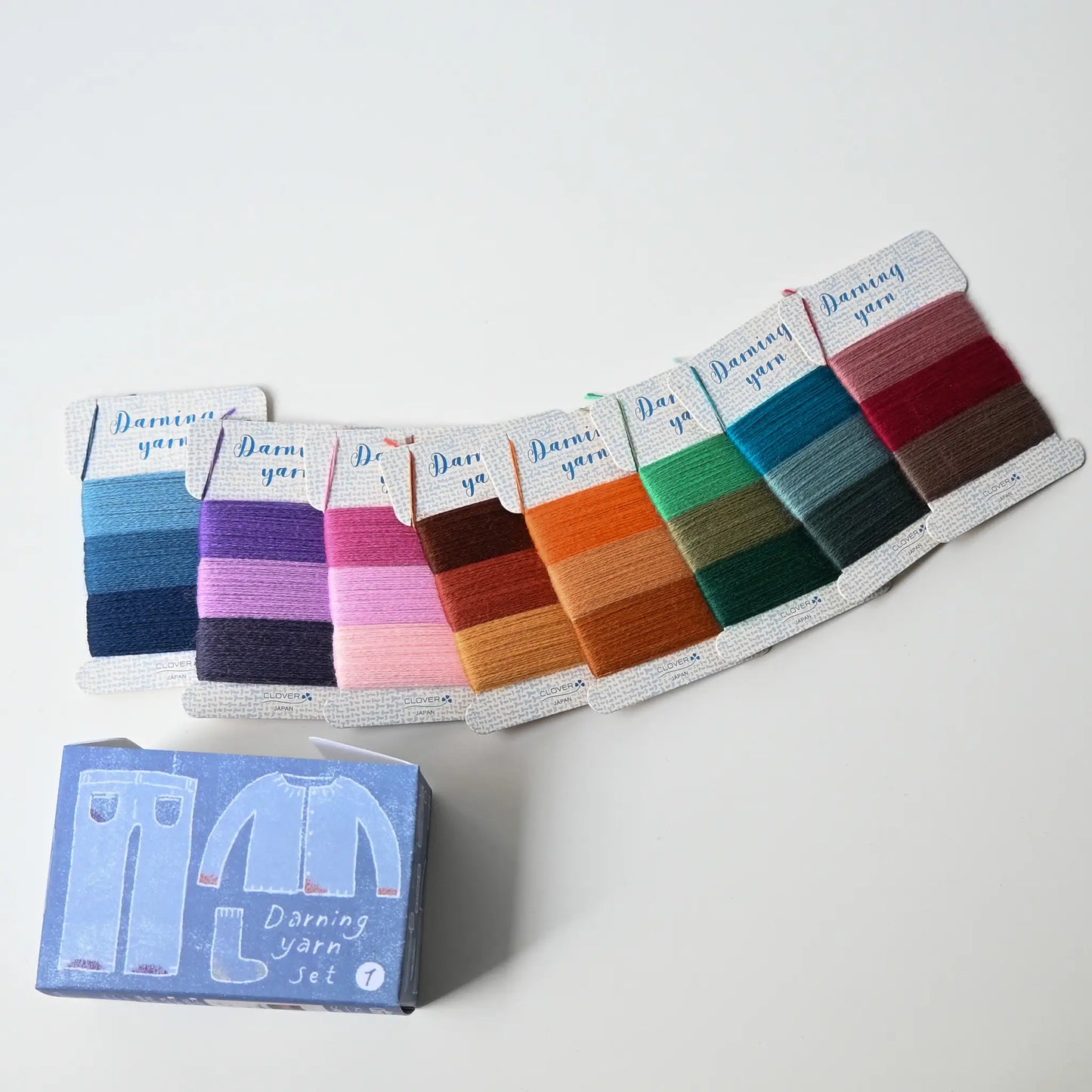 Full view of Clover Japan darning yarn set, 24 different colours, perfect for mending.