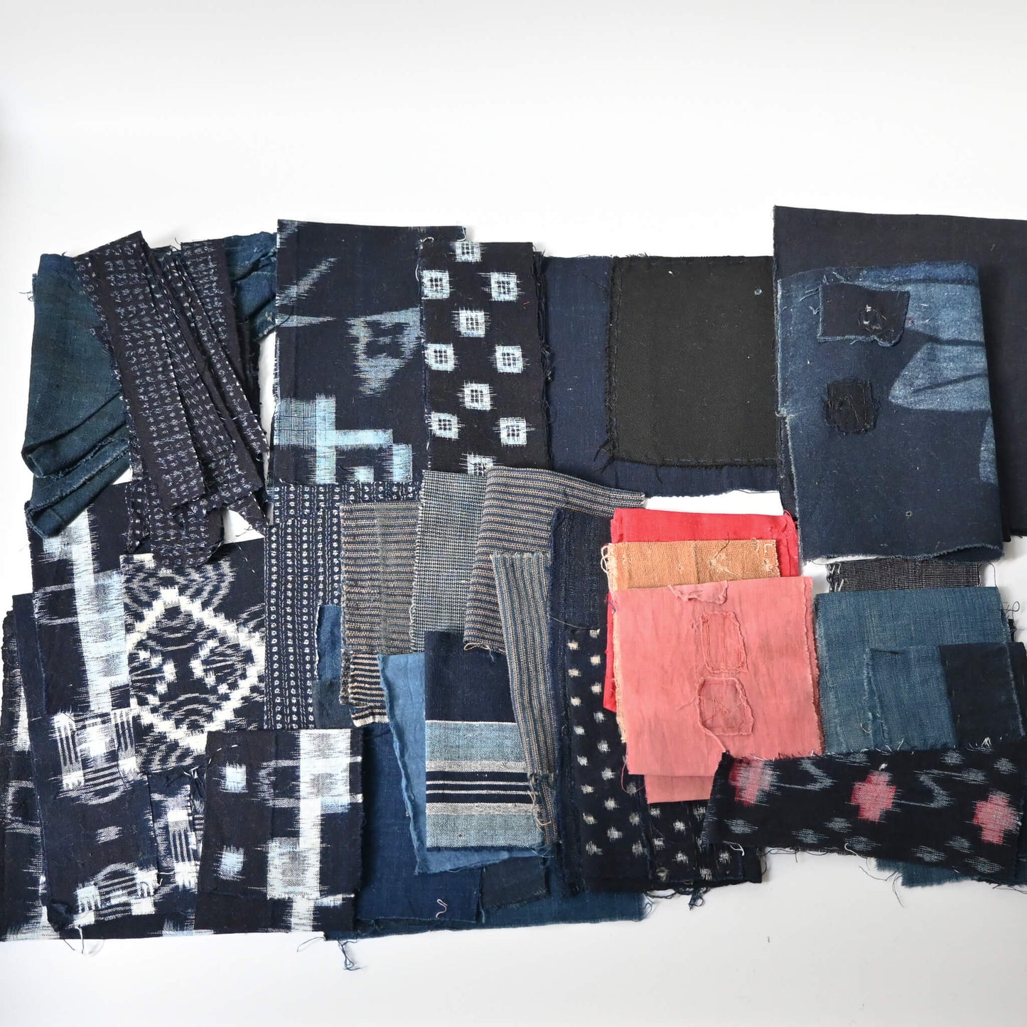 One-off vintage indigo cotton scrap bundle, including plain, kasuri and striped, ideal for slow stitching.