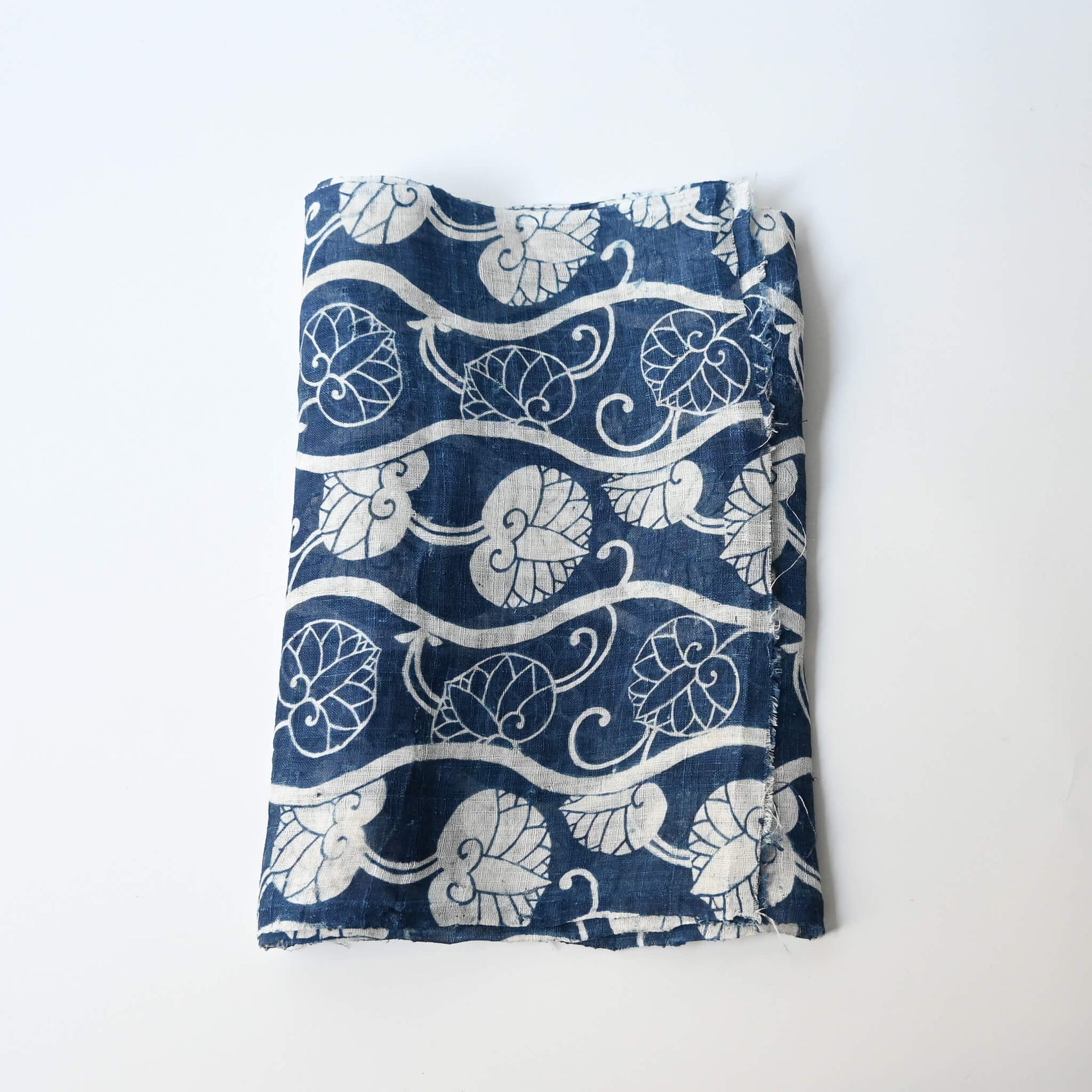 Antique indigo katazome dyed hemp futon cover panel from the early 20th century, Aoi leaves with Yoroke stripes.
