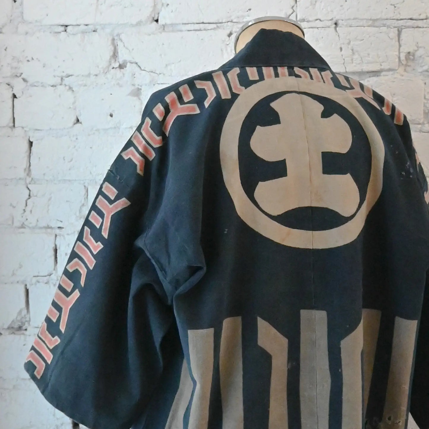 Rare vintage indigo cotton hanten, belonged to a local rescue organization that assisted people during floods and fires.