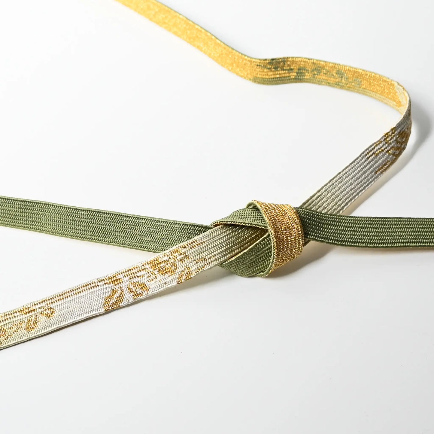 Vintage/recycled women's kimono dress accessories, Obijime cord in sage green and gold.