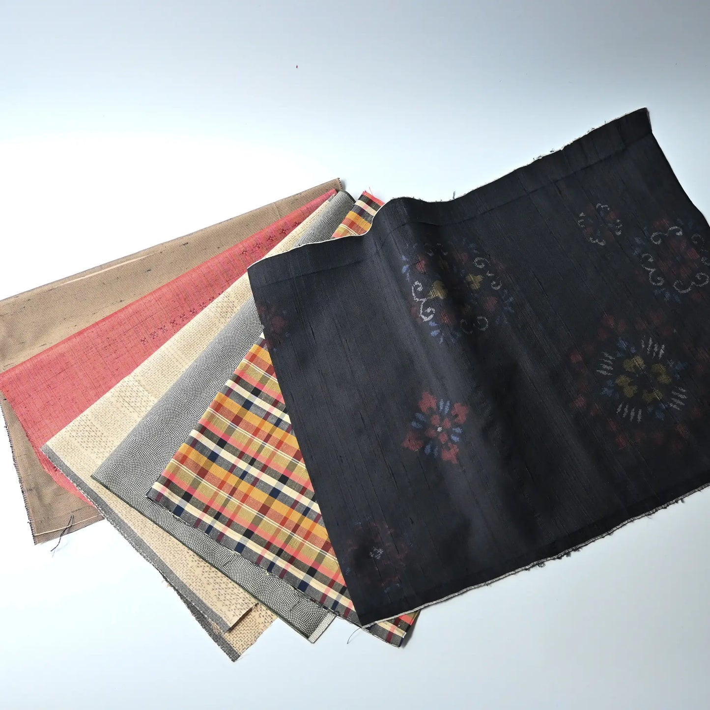 Set of six vintage kimono silk pieces, featuring a stunning checkered silk in sage green, pink, yellow and navy.