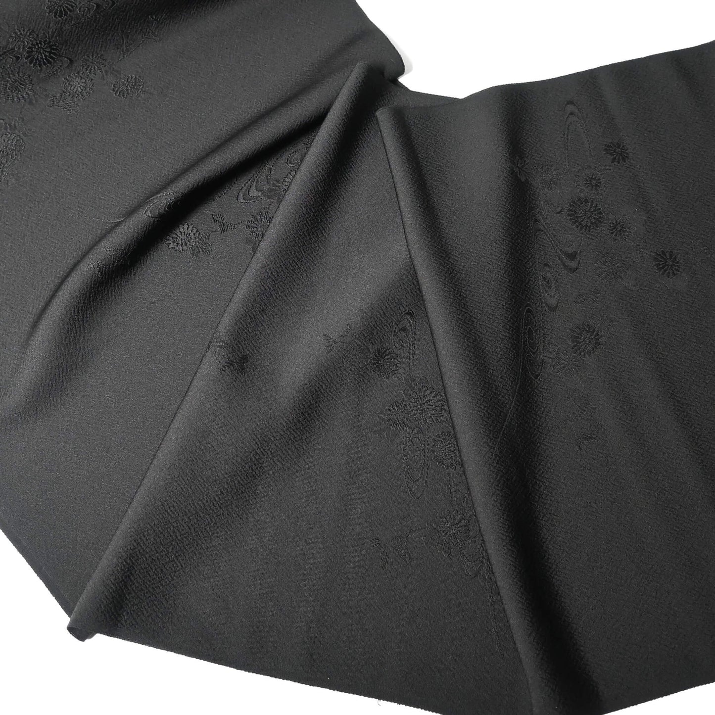 Vintage black silk jacquard kimono fabric with running water and chrysanthemum motifs, drape well.