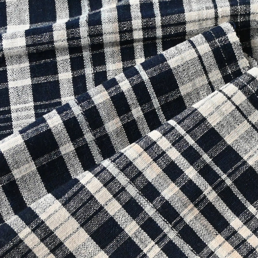 Detailed view of vintage Japanese indigo hand-loomed check cotton.