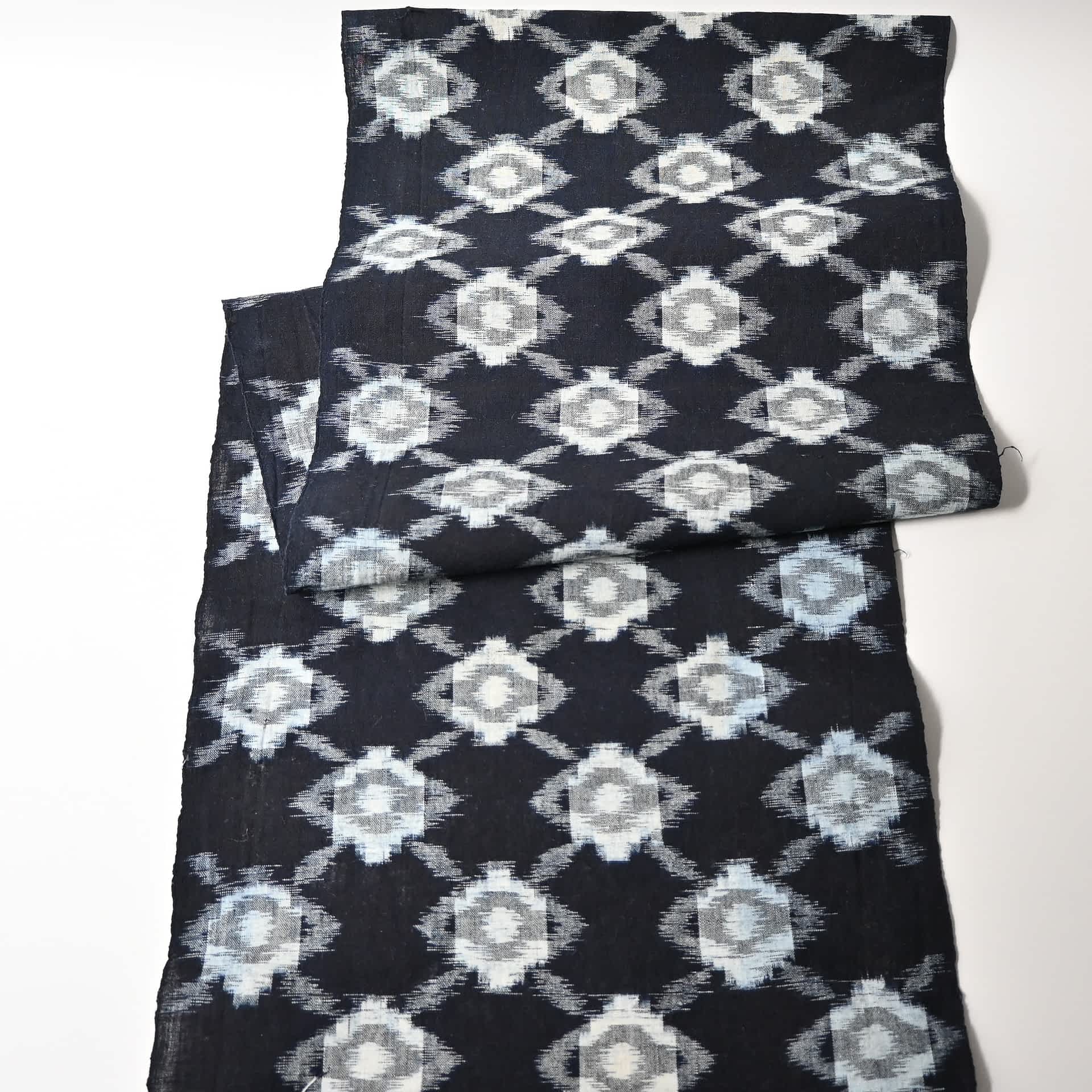 Full view of vintage Japanese indigo Kasuri cotton kimono piece from the mid-20th century.