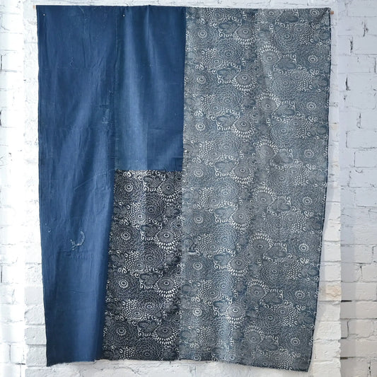 Full view of vintage Japanese indigo Katazome dyed and indigo plain cotton futon cover.