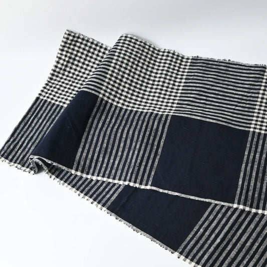 Vintage indigo striking check cotton futon cover panel from the mid-20th century.