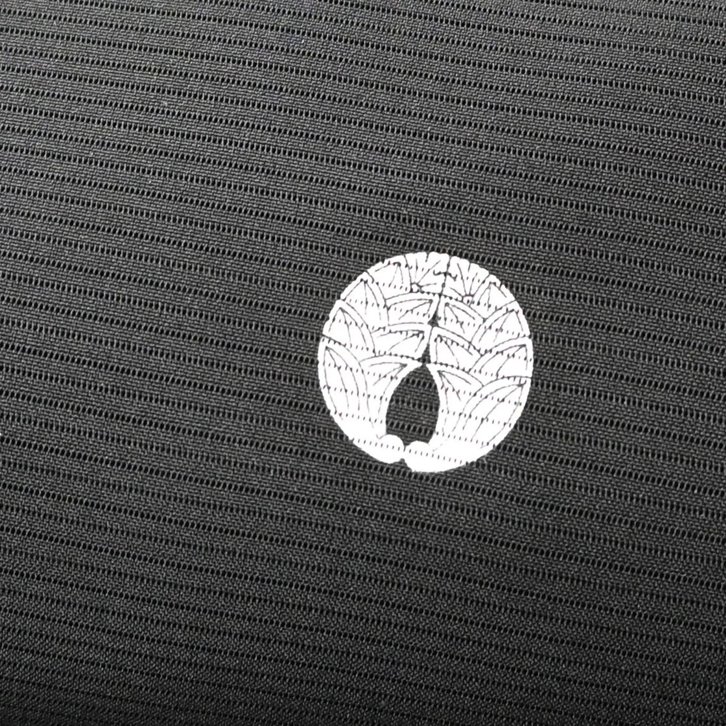 Vintage Japanese plain black Ro silk kimono fabric with Myoga ginger motif family crest.