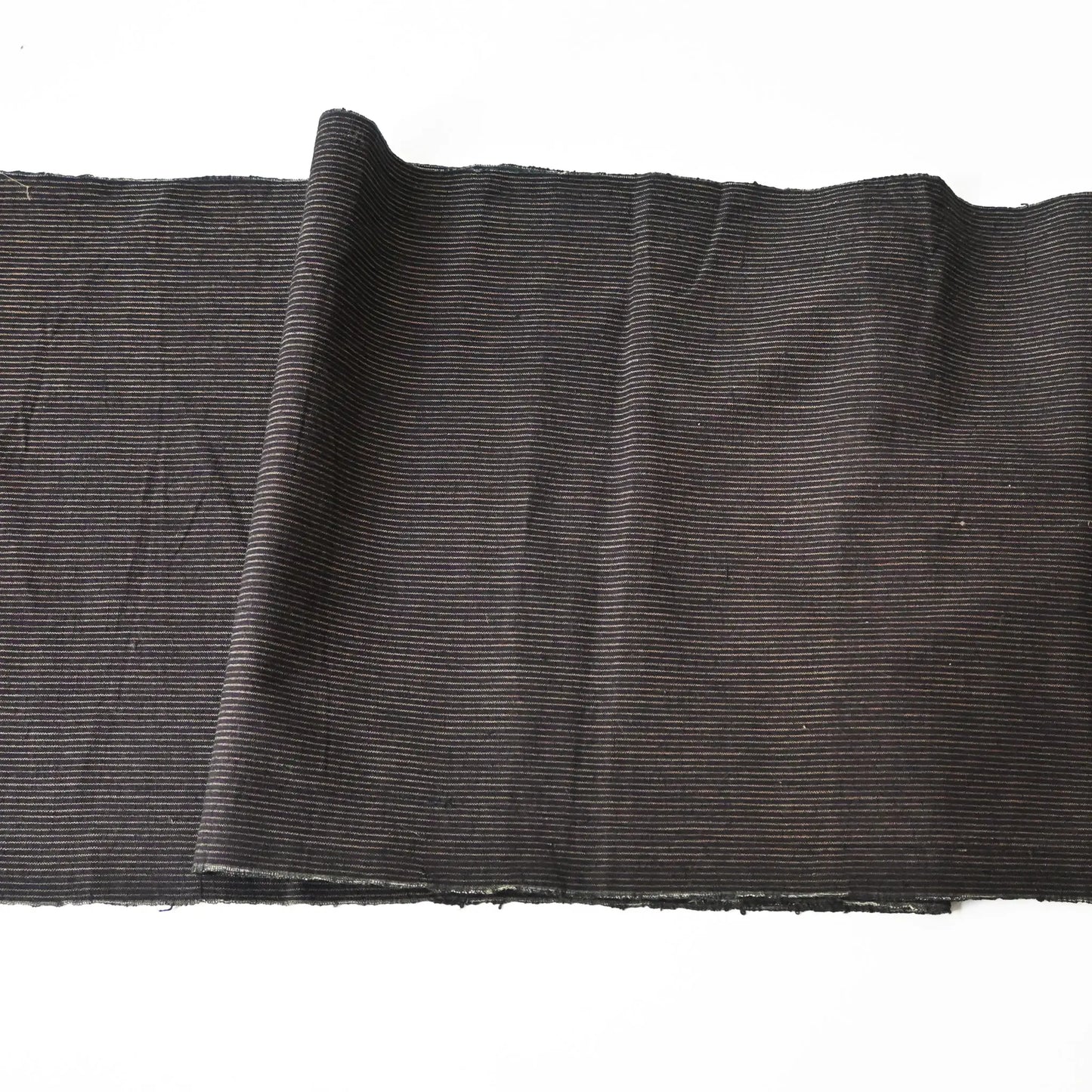Full view of vintage Japanese indigo woven cotton piece with khaki brown pinstripes from the mid-20th century.