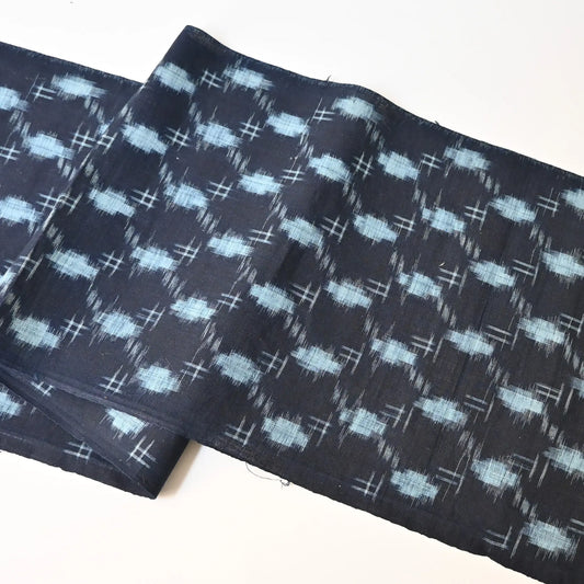 Full view of vintage Japanese indigo Bingo kasuri cotton piece, originally a kimono.