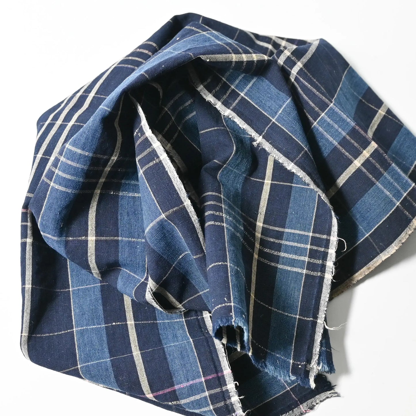 Detailed view of vintage Japanese indigo check cotton piece, a panel from a futon cover.