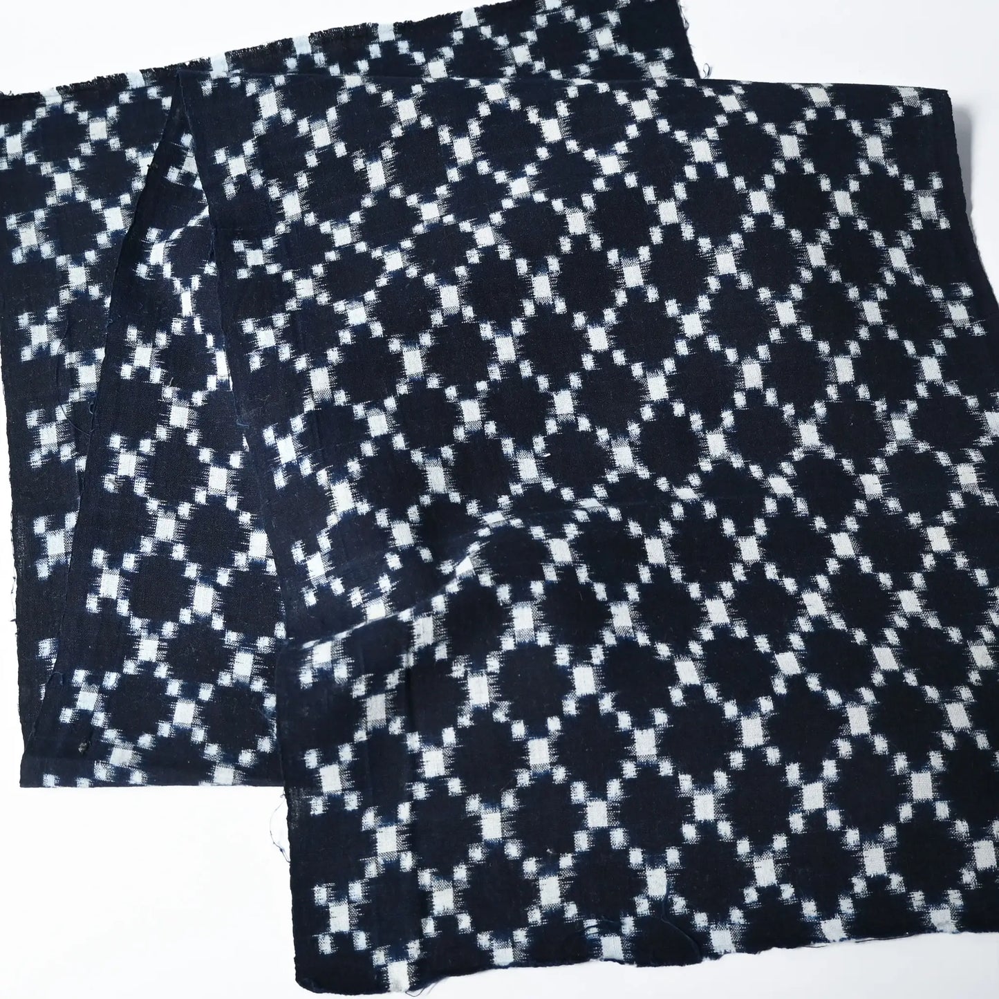 Full view of vintage Japanese indigo kasuri kimono cotton piece from the mid-20th century.