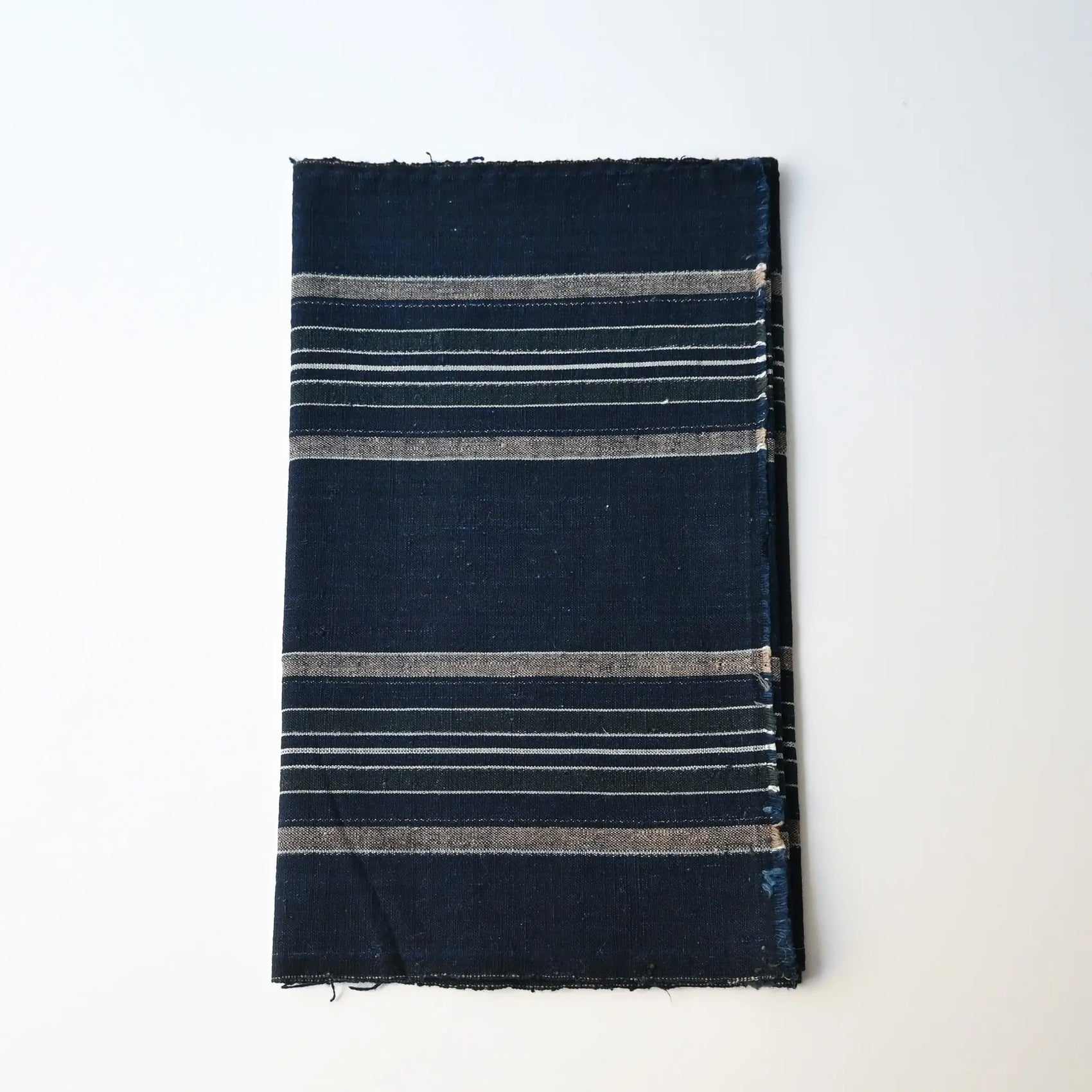 Vintage Japanese indigo futon cover panel, stripe with green and beige.