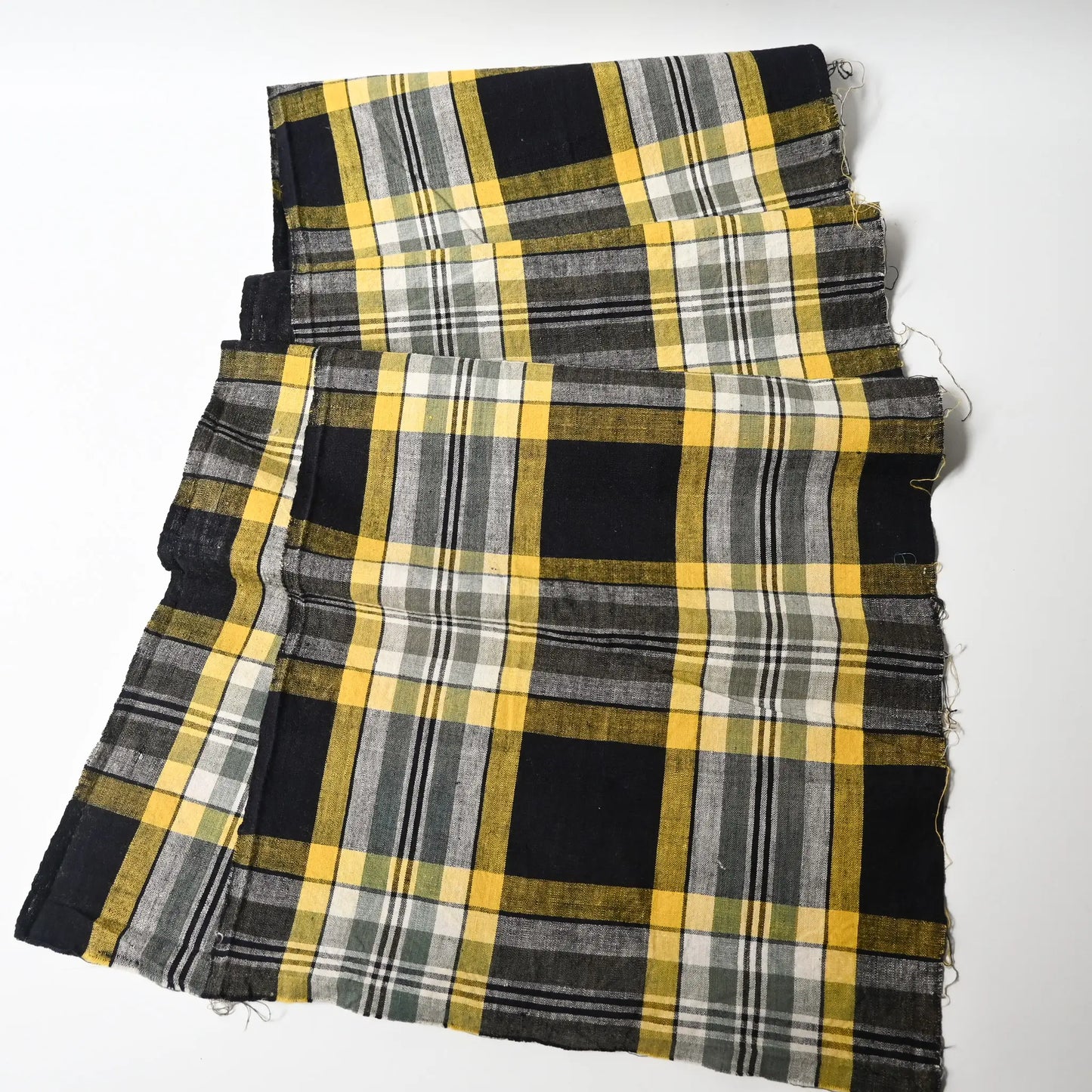 Full view of vintage Japanese indigo yellow check cotton futon cover panel.