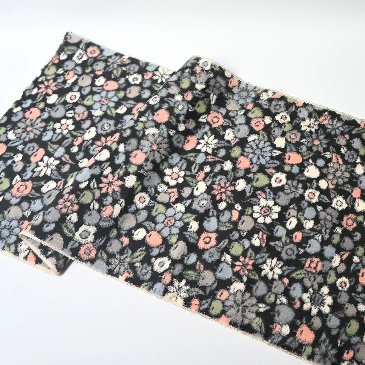 Full view of vintage Japanese Meisen silk kimono fabric with a charming and unusual motif of apples from the mid-20th century.