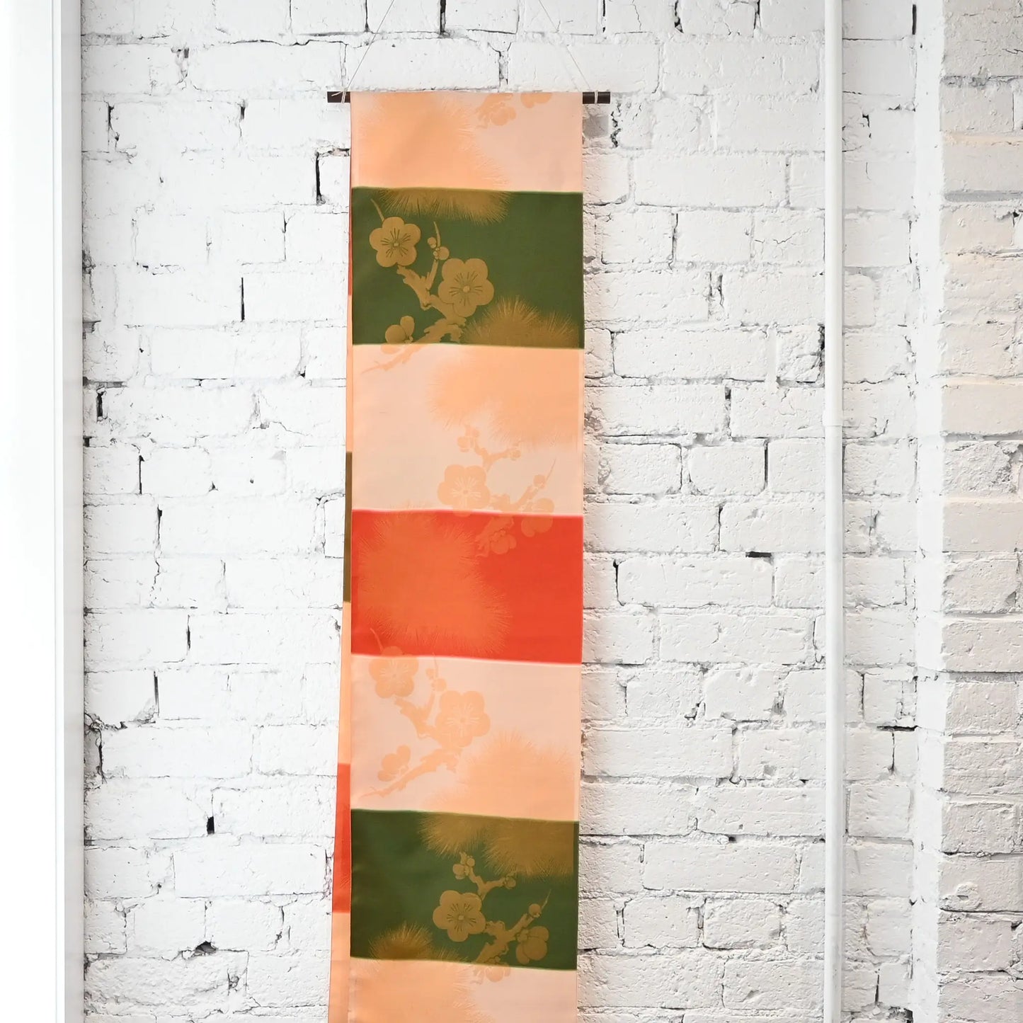 Vintage Japanese silk with plum blossom and pine tree, works well as a wall hanging.