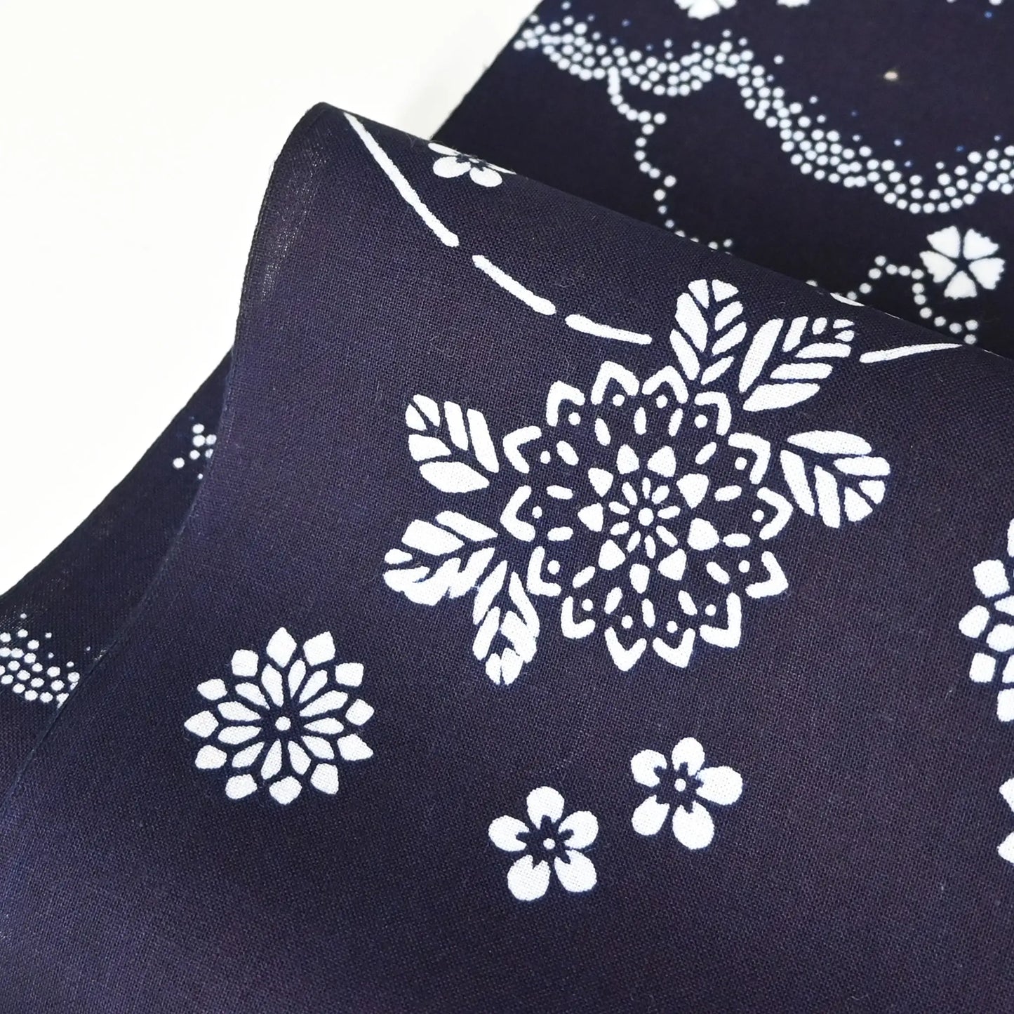 Detailed view of vintage women's traditional Japanese yukata cotton fabric with floral design.