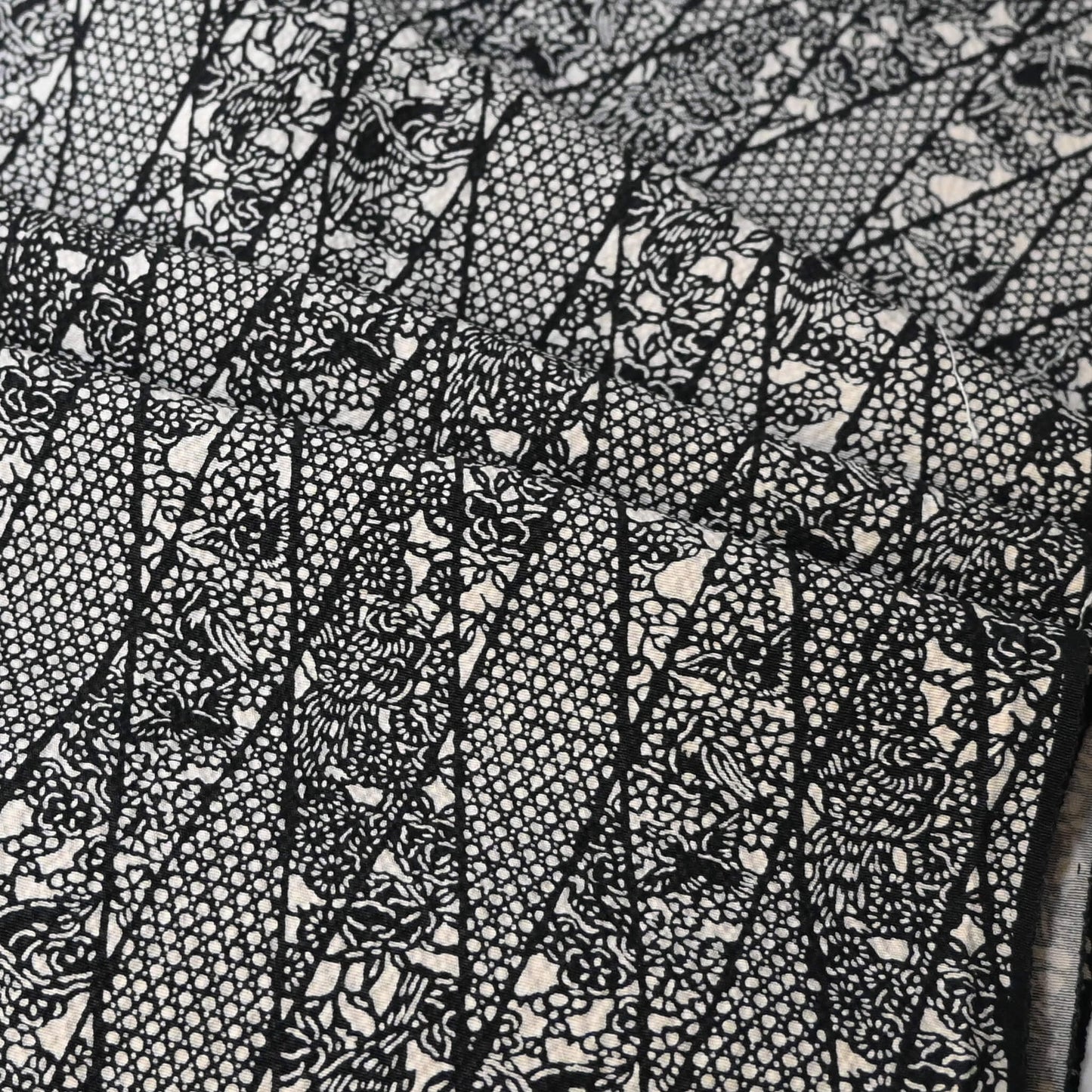 Close-up view of vintage katazome dyed black and white silk crepe with intricate flower and bird motifs.