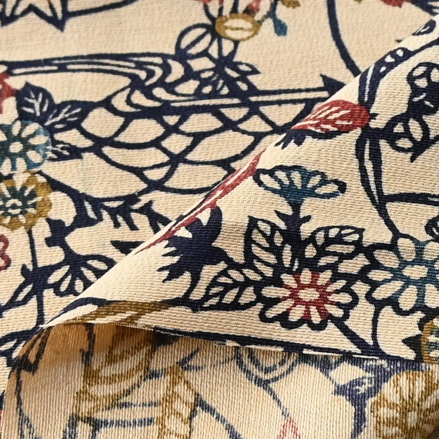 Detailed view of vintage women's silk crepe kimono fabric piece with Katazome stencil dyed seasonal flowers motif.