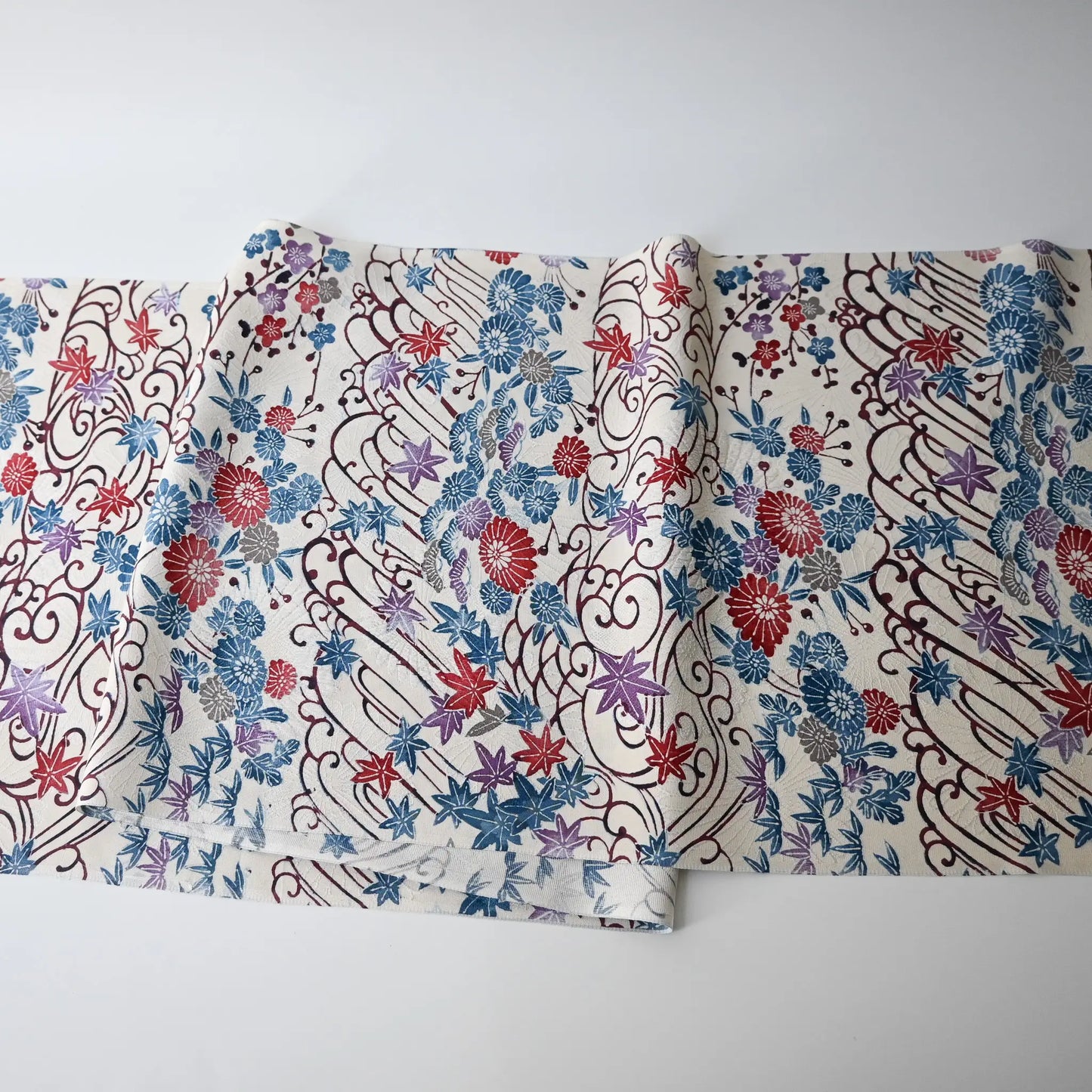 Full view of vintage silk jacquard kimono fabric with beautiful drape.