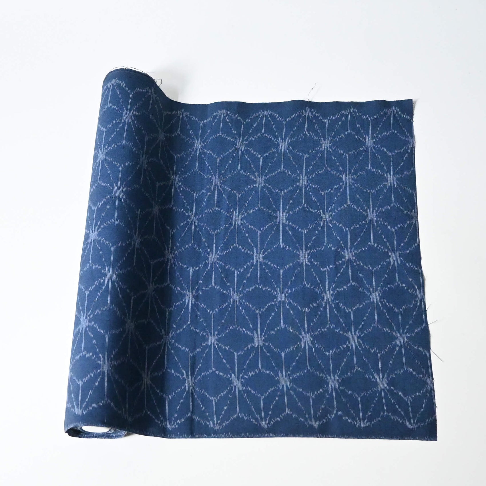 Vintage soft blue cotton kimono fabric with Asanoha hemp leaf motif, sold by the metre.