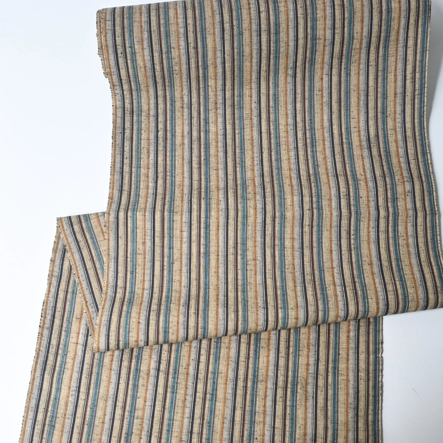 Full view of vintage tsumugi cotton bolt, stripe in natural tone, for women's casual kimono.