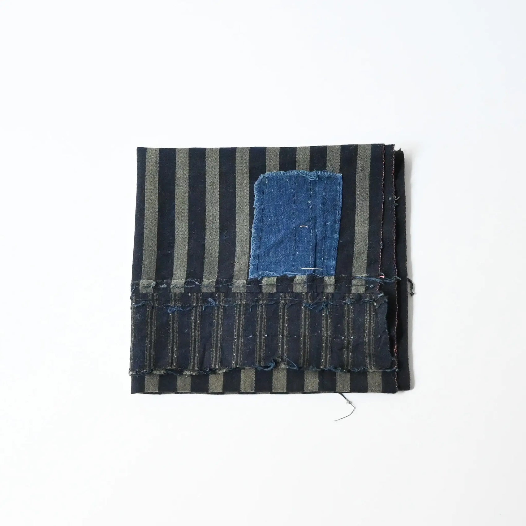 Vintage Indigo Stripe Cotton Fragment with Mending