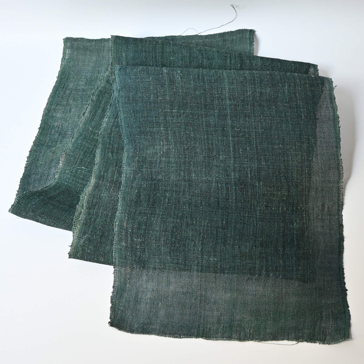 Full view of antique indigo green mosquito net kaya hemp panel.