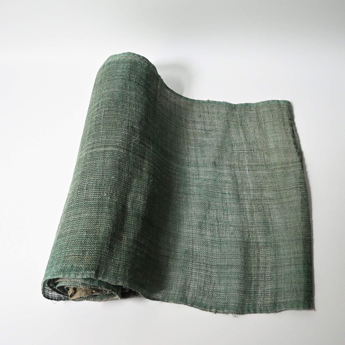 Antique indigo green hemp, indigo with yellow dye, open weave and coarse feel.