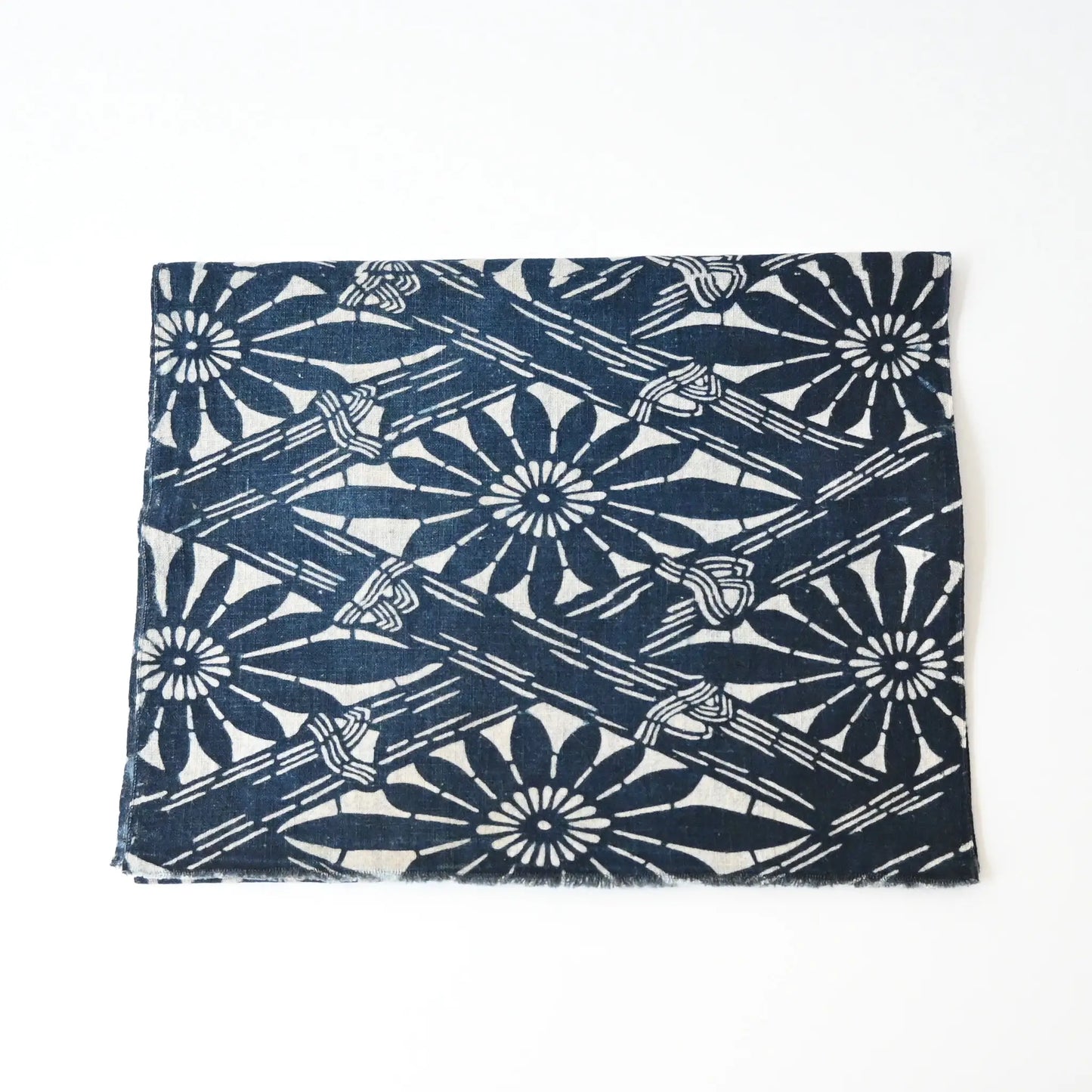 Antique indigo katazome dyed cotton with chrysanthemum and bamboo motifs from early 20th century.