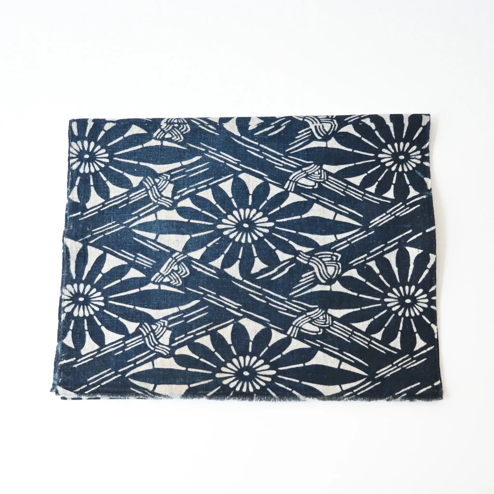 Antique indigo katazome dyed cotton with chrysanthemum and bamboo motifs from early 20th century.