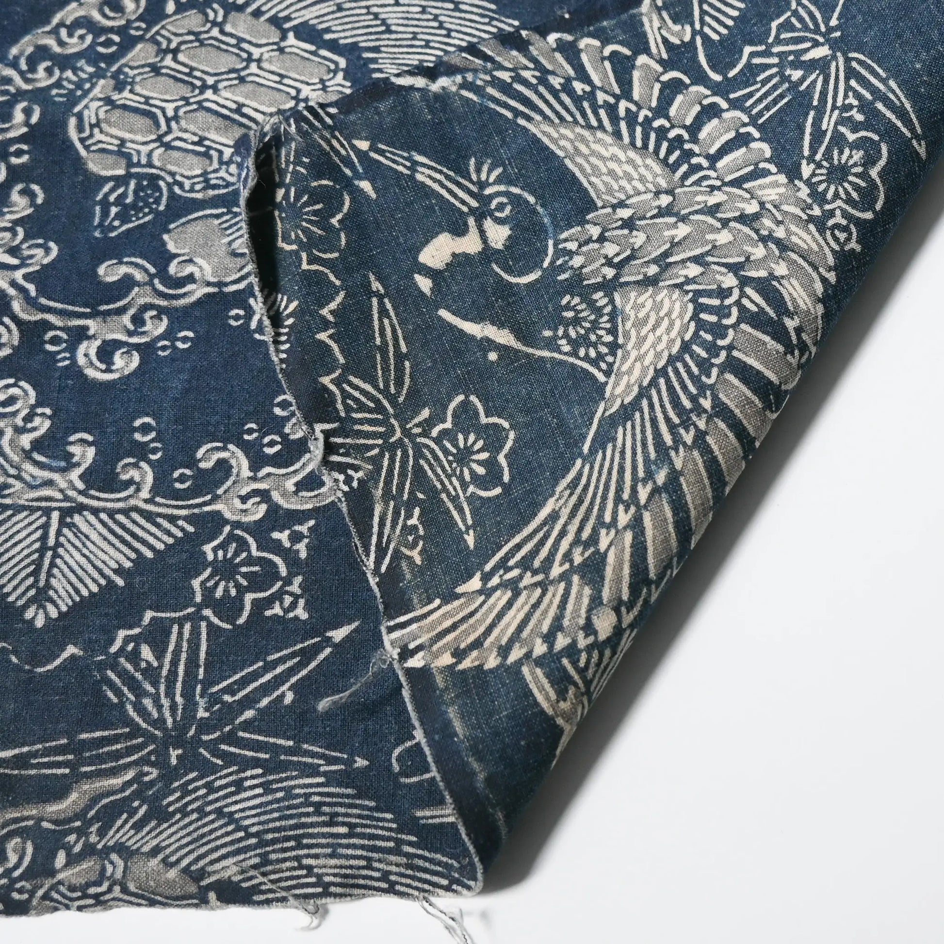 Detailed view of antique indigo Katazome dyed cotton with crane and tortoise form the early 20th century.
