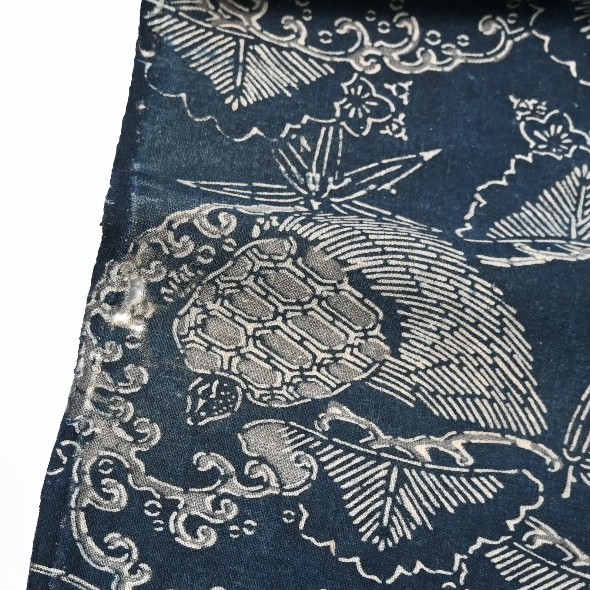 Detailed view of antique indigo Katazome dyed cotton with crane and tortoise form the early 20th century.