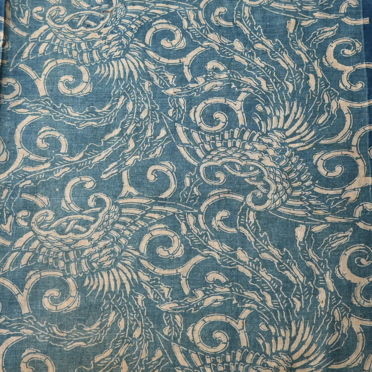 Antique indigo katazome cotton with phoenix pattern from the early 20th century.