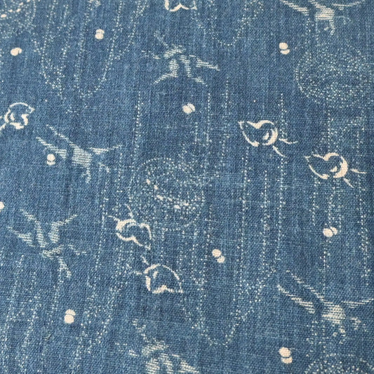 Close-up view of fragment of antique indigo katazome cotton with small patters of plover, willow, tamari ball and crane, late 19th century to early 20th century.