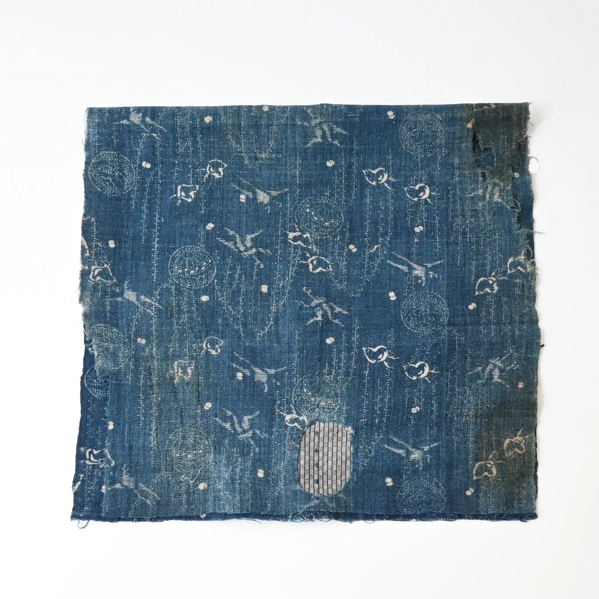 Fragment of antique indigo katazome cotton with small patters of plover, willow, tamari ball and crane, late 19th century to early 20th century.