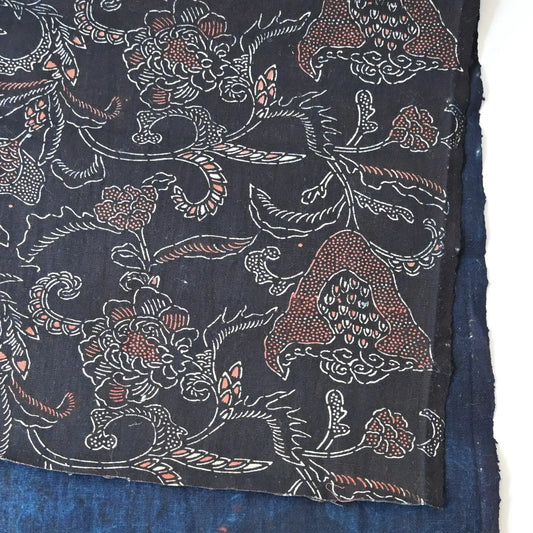 Antique indigo katazome cotton with pomegranate motif and Bengala red detail.
