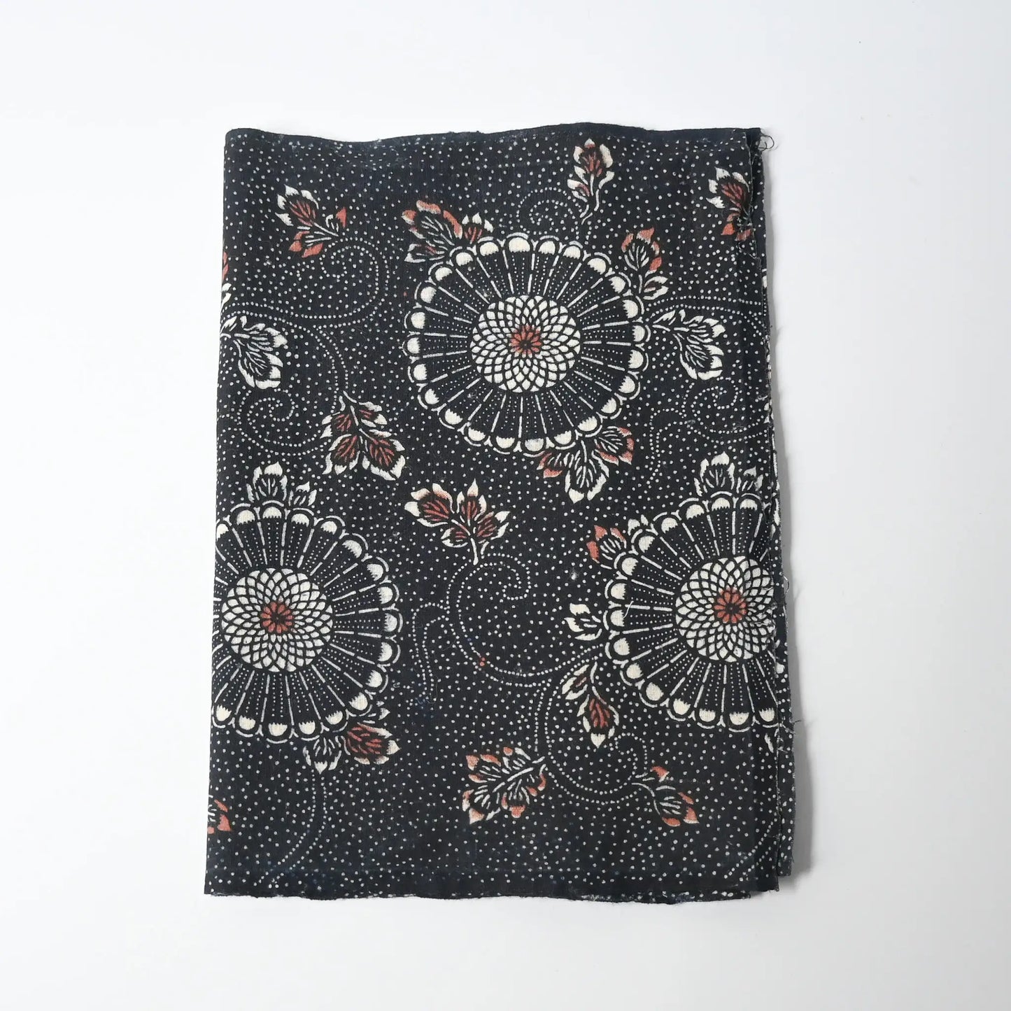 Antique indigo katazome dyed cotton, chrysanthemum arabesque motif in indigo with Bengala red accents.