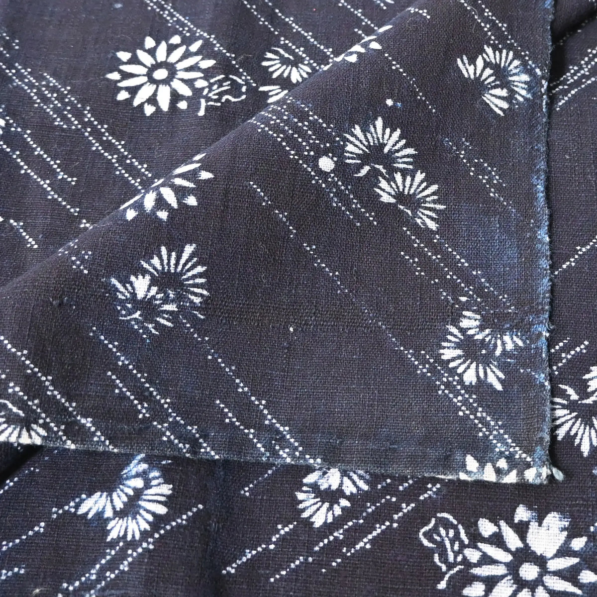 Close-up view of antique Japanese indigo katazome dyed cotton furoshiki, intricate dots and floral motifs.